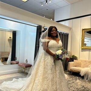 Allure Bridals Lace Off-Shoulder Gown in Cream